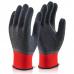 A close up of a pair of black, extra large Beeswift Multi-Purpose Fully Coated Latex Polyester Knitted Gloves. The gloves feature full hand coverage and a textured grip on the fingers, perfect for a variety of tasks.