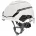 The photograph shows a white MSA V-Gard H1 Non Vented Helmet, part of the V-Gard Head Protection line. The helmet features a sleek design with an adjustable chin strap and ventilation holes. The MSA logo is prominently displayed on the front.