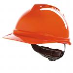 In the image, a vibrant orange MSA V-Gard 500 vented safety helmet is featured with the iconic V design on the front. The helmet is equipped with a sturdy chin strap and is brightly colored for enhanced visibility. Its sleek and modern look makes it a standout choice for any job site.