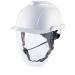 A photograph of the V-Gard Head Protection MSA V-Gard 950 Electrician Helmet White Set shows a durable white helmet with sleek curves and an adjustable chin strap. The helmet is designed for electricians and has a set of protective attachments, providing complete head protection.