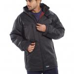 The photo showcases a sleek black Beeswift Mercury Jacket, with a weatherproof design to withstand any outdoor elements. The jacket has a comfortable fit and features the iconic Beeswift logo, making it perfect for both style and functionality.