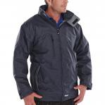 The photo shows a navy blue XL Beeswift Mercury jacket, part of their weatherproof jackets line. The jacket has a sleek design with a zip-up front and side pockets. The logo is visible on the chest and the material appears to be durable and waterproof.