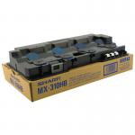 The photo shows a set of Sharp waste toner containers for the MX310HB model. The containers are designed to hold excess toner waste, keeping it clean and contained. Each container has a sharp, angular shape with clear labeling for easy identification. The containers are placed against a neutral background, making it easy to see their size and shape.