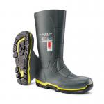 In this photograph, you can see a pair of Acifort Safety Boots by Dunlop. These boots have a metguard for added safety and come in a sleek grey color. They are a size 06 (39) and have the model number MZ2LE0106.