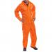 The picture shows a pair of Beeswift weatherproof overalls and a Beeswift nylon B-Dri coverall in bright orange, size 4XL. The overalls feature a full-body coverage with long sleeves, while the coverall has a hood and zip-up front. Both have a durable and waterproof design for outdoor work or activities.
