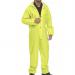 The picture shows a bright yellow Beeswift nylon coverall with the brand name B-Dri on the front. The coverall has a smooth and shiny surface and is designed to provide protection and durability. There is a zip closure on the front and multiple pockets, with the Beeswift logo emblazoned on them. The fit is form-fitting and comfortable, making it suitable for different work environments.