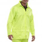 The Beeswift Weatherproof Jackets Beeswift Nylon B-Dri Jacket Saturn Yellow M NBDJSYM features a bright yellow color and durable nylon material. The jacket is lightweight and suitable for outdoor adventures in any weather condition.