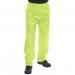 The picture shows a bright, saturn yellow pair of Beeswift high visibility trousers. Made of nylon, they are B-Dri for added protection. They are 3XL for a comfortable fit and feature the Beeswift logo. Perfect for keeping workers visible and dry in hazardous conditions.