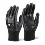 In the image, the Beeswift Nitrile Gloves are shown in black color with a fully coated polyester material. The gloves are nitrile and provide ample protection for the hands. The sleek design adds to the functionality and durability of the gloves.
