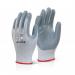 This photograph features a pair of grey Beeswift nitrile coated gloves, with a foam nylon material for added comfort and protection. The gloves are designed with a snug fit and a textured palm for better grip.