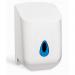 The photo shows a sleek, white plastic Esfina Hand Towel Dispenser and Dryer with a mini jumbo size, perfect for any restroom setting. The dispenser is clean and modern, with easy access for refilling and a compact design.