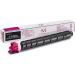The photo shows a stack of Kyocera ink cartridges in the color magenta. The labels on the cartridges indicate that they are the OEM Kyocera TK-8345M model and can print up to 12000 pages. These are original toner cartridges that are compatible with Kyocera printers.