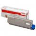 The photograph features a yellow Oki Systems Ink Cartridge, model 44315305, with an OEM design. The cartridge has a capacity of 6000 pages and produces original toner for use with the OKI C610 printer.