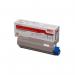 This photo features a set of Oki ink cartridges in cyan color. The OEM cartridges have a page yield of 3000 and are for use with the OKI C332 printer. The toner is original and marked with the code 46508711.
