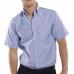 In the photo, a blue short sleeve Beeswift Oxford shirt can be seen, with a white collar and button-down front. The shirt has a relaxed fit and is made of high-quality fabric. The Beeswift logo is embroidered on the left chest. Overall, the shirt appears stylish and professional.