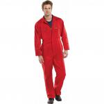 The photograph shows a bright red, heavy weight boilersuit from Beeswift. It features a durable material and a classic design, with multiple pockets and a convenient zipper closure. The boilersuit is size 42 and perfect for any tough job.