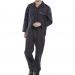 Two navy blue boilersuits from Beeswift sit side by side in this picture. Each boiler suit features a full zipper, multiple pockets, and a comfortable fit.