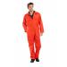 The photograph shows a vibrant orange Beeswift boilersuit, size 48, from the PCBSOR48 line. The durable fabric and classic design are evident, with pockets and a secure zipper closure. The brand name and subtle logo are visible on the chest.