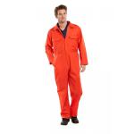 The photo shows an orange Beeswift boilersuit featuring a full-length design and long sleeves. The material appears to be a durable and sturdy fabric, with visible pockets and a zipper closure. The bright orange color makes it easily visible and ideal for industrial or outdoor work.