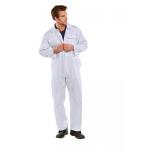 This image showcases a white Beeswift boilersuit in size 48. The design features a durable material and precise stitching, with the brands logo displayed prominently. The boiler suit has long sleeves, a button-up front, and multiple pockets for functionality.
