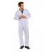 In the photo, several Beeswift Boilersuits in the color white are seen stacked on top of each other. The boilersuits are made of durable fabric and feature multiple pockets and a front zipper. The clean white color gives the boilersuits a professional and sleek appearance.