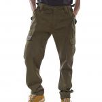 The photograph depicts a pair of Beeswift Combat Trousers in olive green, size 46. The trousers feature multiple pockets and a durable, rugged fabric, perfect for outdoor activities or tough jobs. The design is both practical and stylish, making it a versatile addition to any wardrobe.