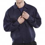 In the photograph, a navy blue Beeswift Heavyweight Drivers Jacket can be seen. The jacket style is specifically designed for drivers and is a size 46. The material appears thick and sturdy, ideal for outdoor work. The brand name Beeswift can be seen boldly displayed on the jacket.