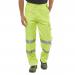 This image shows a pair of Beeswift High Visibility Trousers in Saturn Yellow, made from poly cotton material. The trousers are size 42T and comply with EN471 safety standards for high visibility clothing.