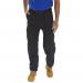 This photograph features a pair of Beeswift black work trousers made of poly cotton material. The 42T size is suitable for taller individuals. The trousers have a sleek and professional appearance, perfect for any work environment.