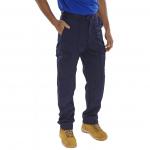 The image shows a pair of navy blue Beeswift trousers made of poly cotton material. They are size 34S and have the brand name embroidered on the back pocket. The trousers have multiple pockets and a zip and button fly. The fabric appears durable and suitable for work wear.