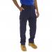 In the photograph, a pair of navy blue Beeswift combat trousers in size 44 can be seen. The material is a durable poly cotton blend and the trousers feature several pockets for practicality. The overall look is professional and functional for tough work environments.