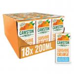 This image shows a vibrant display of Cawston Press Sunshine Orange soft drinks, with 18 cans arranged neatly in rows. The bright orange color of the cans and the refreshing images of oranges and sun rays on the packaging evoke a sense of summery goodness.