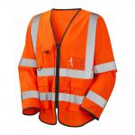 The image shows a high visibility jerkin and executive sleeved vest in bright orange by Beeswift. The vest has a zip-up front and two pockets, with the brands logo on the chest. Perfect for staying visible and staying safe on the job.