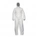 The image features two white Proshield overalls and a coverall from Dupont Proshield 20 Sfr. Both pieces are size 2XL and have the PROFRXXL label. The overalls have long sleeves and pants, with a front zipper and multiple pockets. The coverall has a hood and full-body coverage, with the same front zipper and pockets. Both garments appear to be made of a lightweight, white fabric with a slight sheen. The design is clean and functional, with no unnecessary embellishments.