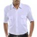 This photo features a Beeswift Pilot Shirt in short sleeve, made in a crisp white color and size 16. The shirt has a neat and professional appearance with a tailored fit. The fabric is high-quality and durable, making it perfect for any workplace. The iconic Beeswift logo can be seen on the sleeve.