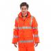 In the photo, two Beeswift high visibility jackets can be seen side by side. Both are bright orange with the Beeswift logo prominently displayed. One is a PU jacket, made of a water-resistant material, and is size 2XL. The other is not specified. The jackets appear to be well-crafted and sturdy, ready for outdoor work or activities.