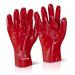 The picture shows a pair of red PVC gloves with extended gauntlets measuring 11 inches. They have a shiny finish, a snug fit, and are perfect for handling tasks requiring protection from chemicals or liquids. The gloves have a textured grip for added dexterity and are suitable for various industrial or household uses.