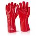 The image shows a pair of red PVC gloves with gauntlet cuffs, measuring 14 inches in length. The fabric has a smooth, shiny appearance and the gloves are designed to protect the hands and arms. The gloves have a Beeswift logo on the cuff.