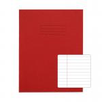 The picture shows a pack of 10 red Rhino Exercise Books, each measuring 9 x 7 inches and containing 80 pages. The books feature the brand name RHINO and Exercise Book on the cover. The pages are lined and there is a label with the product code on the bottom right corner. The books are neatly stacked on top of each other, ready for use.