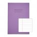 The photograph shows a pack of 10 purple RHINO A4 exercise books with 80 pages each. The books feature the Rhino Stationery logo on the front cover and have a smooth, glossy finish. Each page is lined and has a margin for notes. The books are secured with a sturdy, white spiral binding.