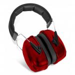 The image shows a pair of bright red QED ear defenders by Beeswift, with comfortable padding and adjustable headband. The ear cups have the QED logo on them and are designed to provide protection from loud noises.