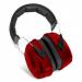 The image shows a pair of bright red QED ear defenders by Beeswift, with comfortable padding and adjustable headband. The ear cups have the QED logo on them and are designed to provide protection from loud noises.
