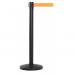 The photo captures a black and orange Beeswift retractable barrier, with sleek metal design and red caution stripes. It stands out against a plain background, ready for use in any crowded space.