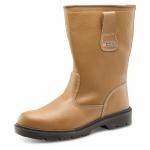 The photo shows a pair of Beeswift safety boots in a lined tan color. The boots have a rugged rigger style and appear to be size 10. The beeswax material gives a natural shine to the boots.