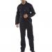 This image shows a set of black Beeswift regular boilersuits, size 38. The boilersuits have long sleeves and full-length legs, with a front zip closure. The fabric appears to be sturdy and durable, suitable for industrial or outdoor work. The boilersuits also feature multiple pockets for storage and convenience.