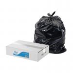 The photograph captures a stack of thick and durable black bin liners with a bright and pure smiley logo emblazoned on each one. These heavy duty sacks are designed to withstand extra weight and usage, making them perfect for any tough cleaning task.