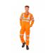 The picture shows a vibrant orange high visibility coverall with reflective tape, designed by Beeswift. This size 54 tall garment is ideal for railway workers, ensuring safety and visibility on the job.