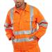 This image features a vibrant orange Beeswift Railspec Jacket, specially designed for high visibility. The jacket, size 40, is made to ensure safety and protection in the workplace, ideal for outdoor activities and industrial settings.
