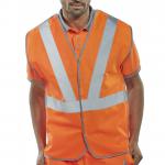 This photo shows a group of bright orange high visibility vests made by Beeswift. The vests are designed for railway workers and are made from polyester. They have reflective strips and the Beeswift logo on the front, making them easily visible for safety.