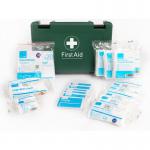 The Blue Dot First Aid Blue Dot HSE Standard 1-10 Person First-Aid Kit Complete SAF0001 is a compact and versatile first-aid kit. It includes essential items, such as bandages, gauze, and antiseptic wipes, all neatly organized in a bright blue case with the Blue Dot logo. This kit is ideal for any situation that may require basic first aid, making it a must-have for homes, offices, cars, and travel.